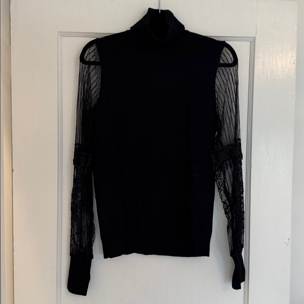 Elegant Black Lace Sleeve Turtleneck Sweater